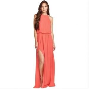 Show Me Your Mumu Halter Maxi Dress Coral Orange Large Slit Sheer Lined